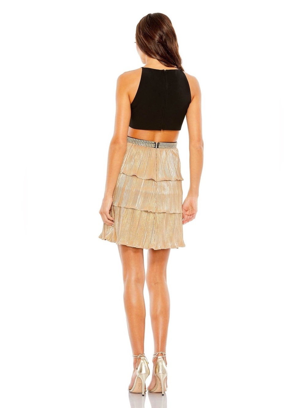 Mac Duggal Ieena 26735 Black Gold Rhinestone Cutout Tiered Mini Dress 6 NWT - Picture 2 of 13